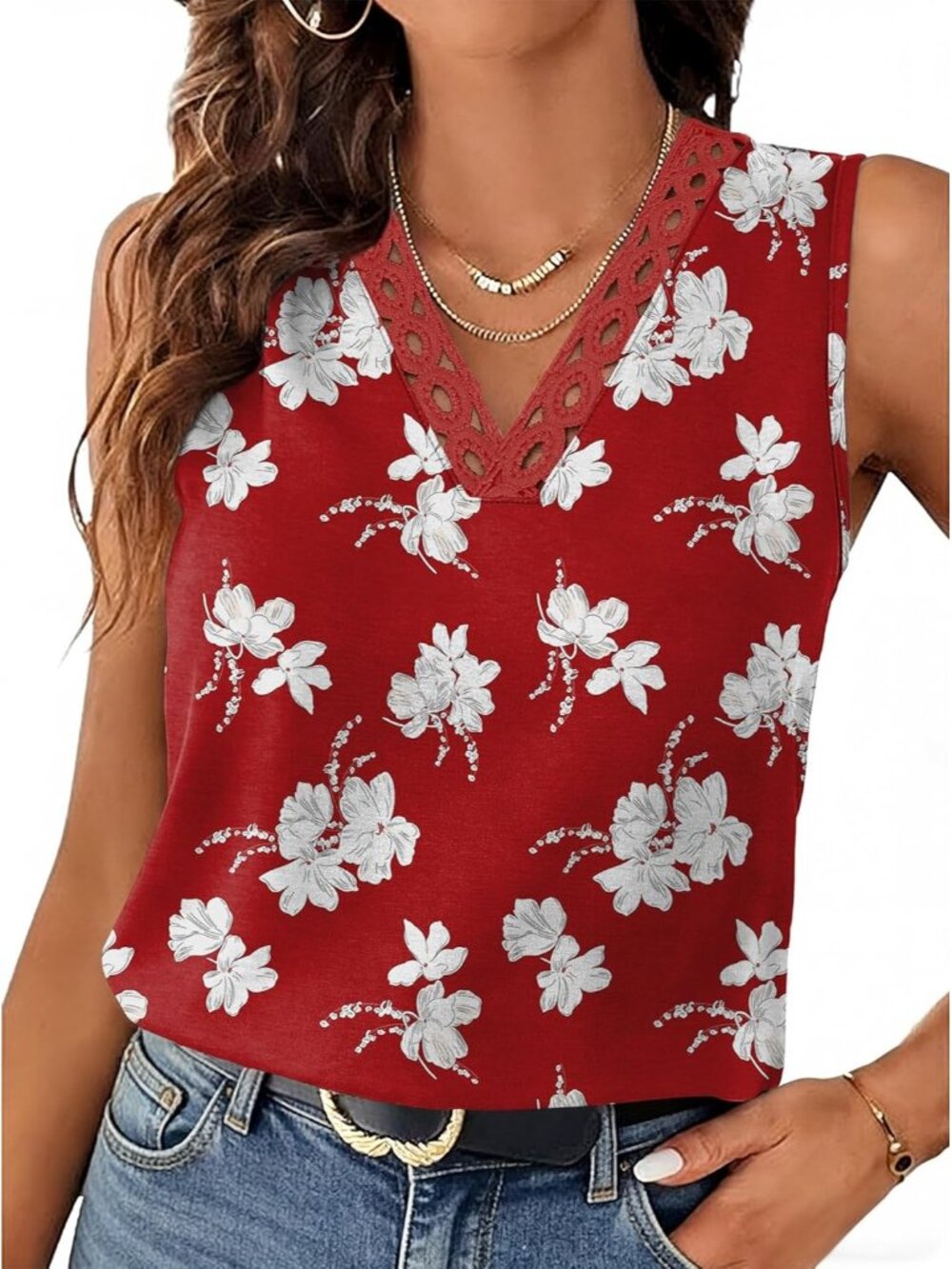 Women's Red Lace V Neck Summer Loose Fit Sleeveless Shirts Casual Tank Top